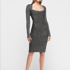 Express Gray Metallic Shimmer Fitted Stretch Dress Long Sleeve Square Neck Sz XS